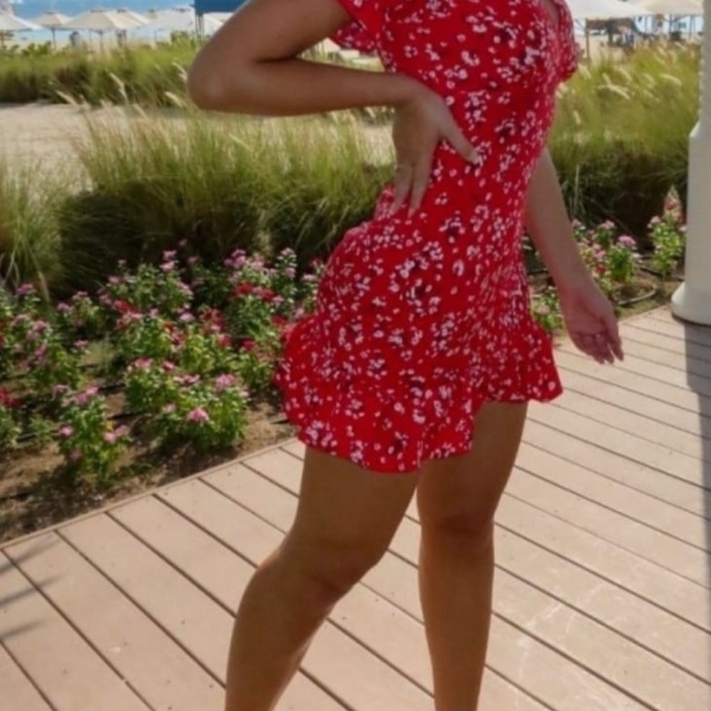Red floral dress.